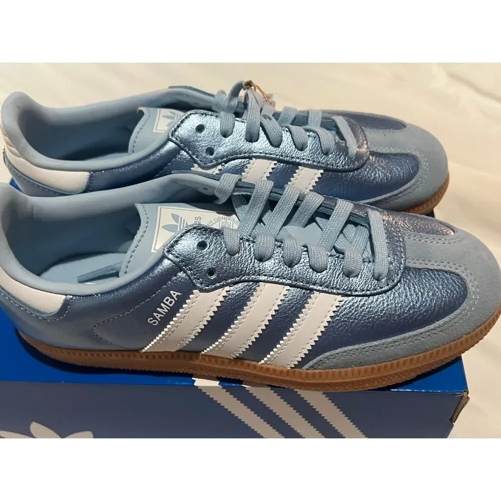 Adidas Samba OG J sky blue Metallic kids Sz 4 youth fits ladies Sz 5.5